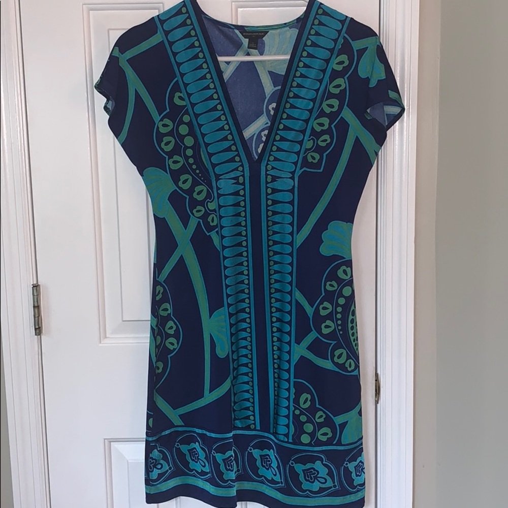 Blue, teal and green silky short sleeve dress